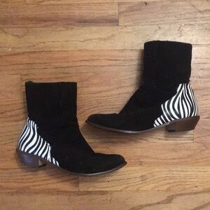 Black Suede Ankle Boots with Zebra-Print Heel Accent